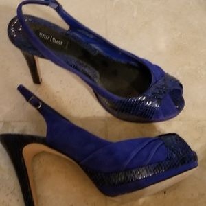 WHBM blue suede open toe heels